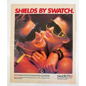 Vintage 1985 Swatch Sunglasses Watches Guy and Girl Hug Advertisement Print Ad